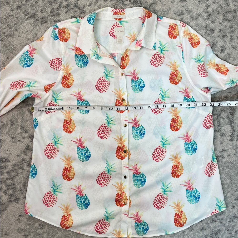CHICO’S PINEAPPLE BUTTON UP NO IRON BLOUSE GOLD BUTTONS ROLL UP SLEEVES SZ 3 - Picture 10 of 11